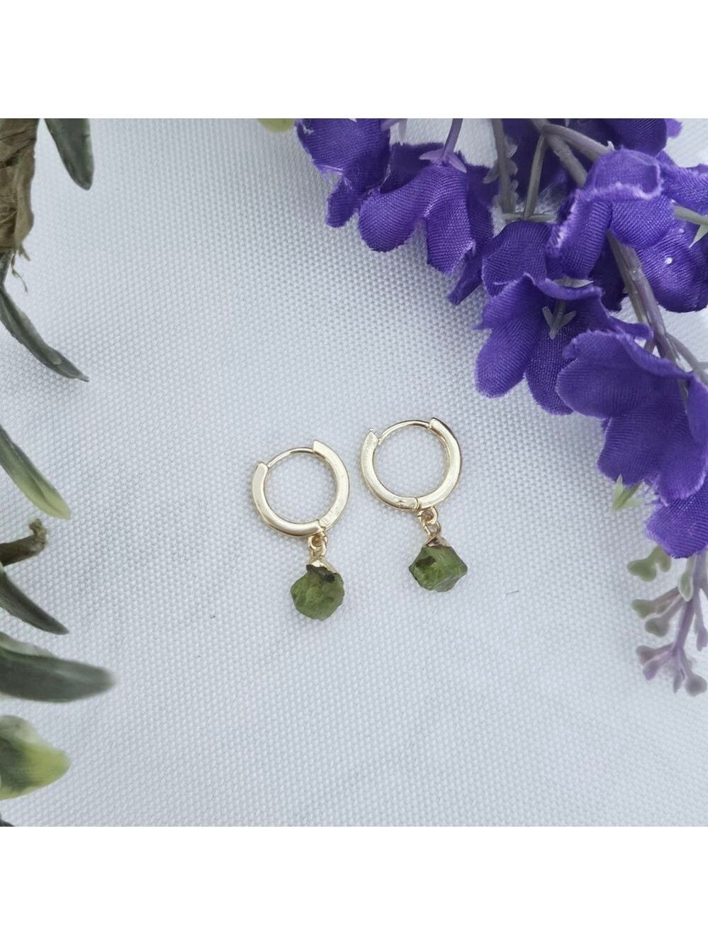 Raw Peridot Gold Hoop Earrings 18k Brass Hypoallergenic - Picture 2 of 4
